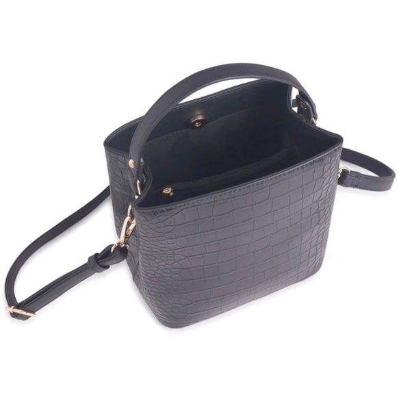 AOTA Elena Black Vegan Leather Croc Embossed Bucket Bag & Crossbody • NWT - Picture 3 of 16